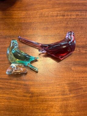 Handblown Glass Bird Figurine Duo in Teal and Ruby